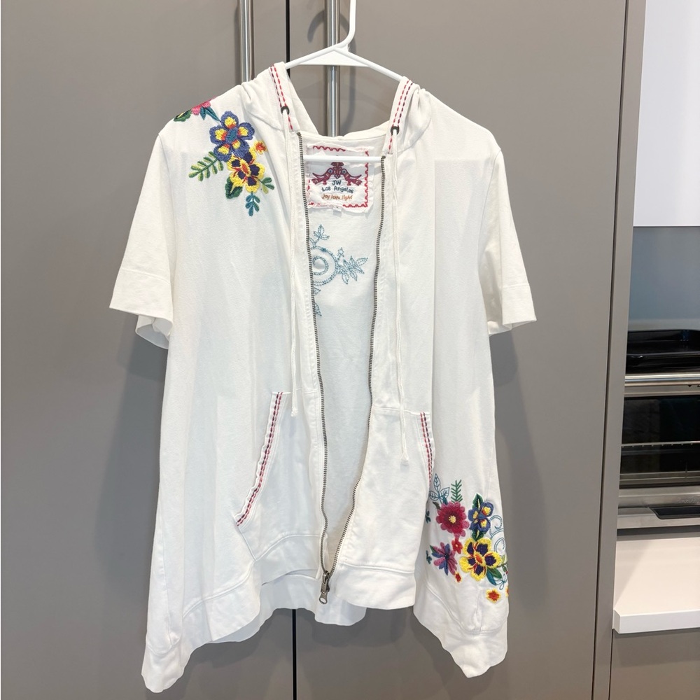 Johnny Was JW Los Angeles Embroidered Floral Hooded Zip Jacket Boho size L